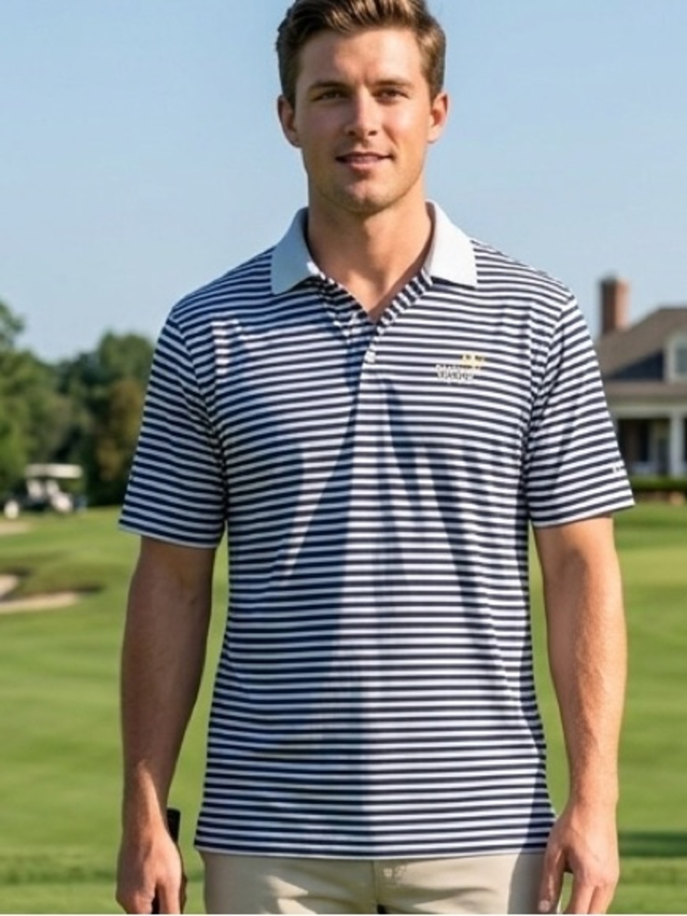 Buzz Off Men's Polo Shirt Oxford Golf River Marsh Striped Black Golf Size L